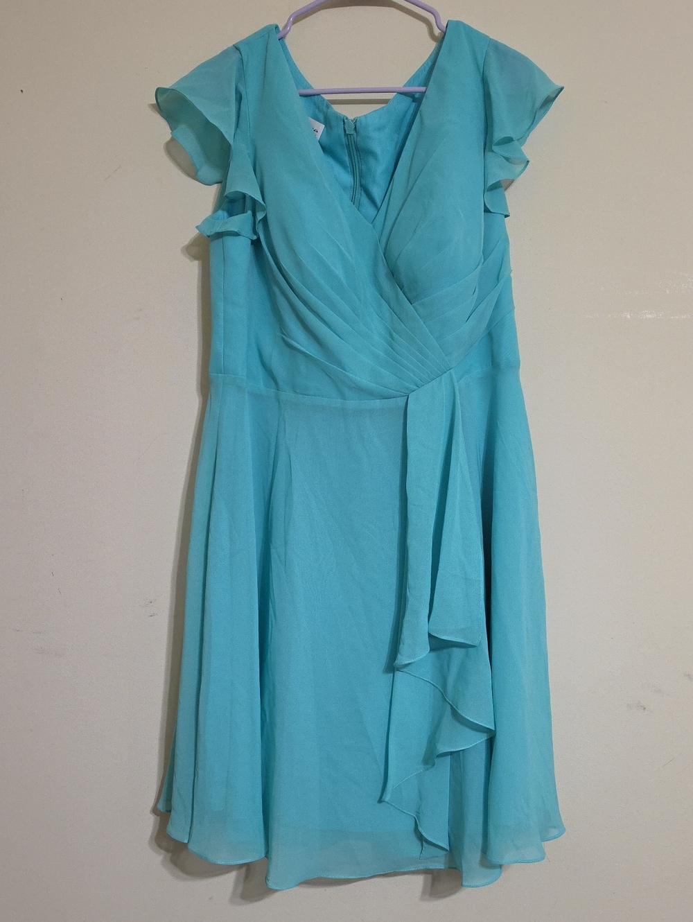 JJs House Aqua Chiffon Midi Dress with Ruffled Sleeve Detail